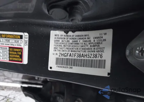 2010 Honda Civic Vp from USA, damaged, VIN 2HGFA1F38AH523876